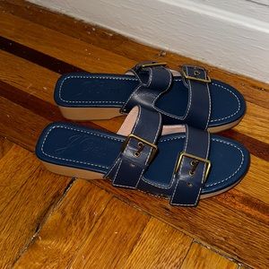 NWOT Size 10 blue and gold buckle J Crew Sandals. Never worn!